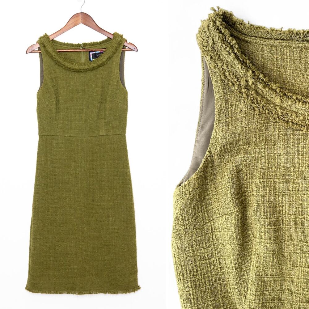 J Crew Bouclé Tweed Sheath Dress Women 2 Olive Green Twee Retro Preppy Fall